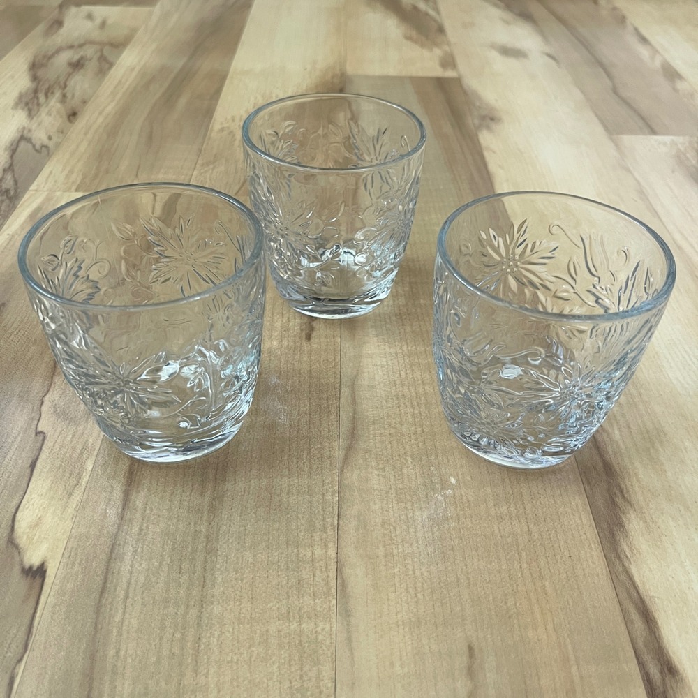 Princess House Fantasia Glasses Set of 3 Floral Lowball Old Fashioned Clear
